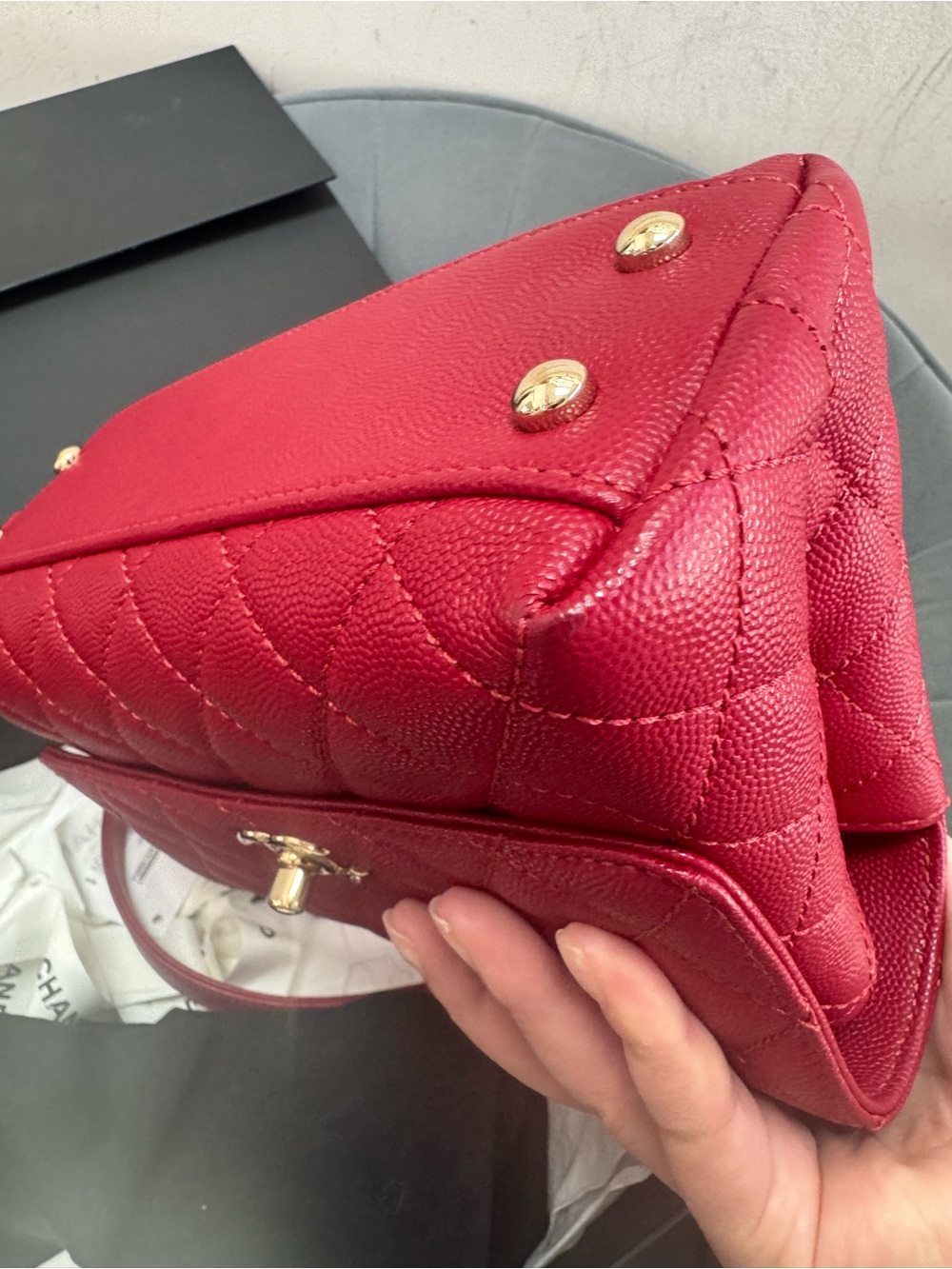 CHANEL Small Coco Handle Dark Red Caviar Light Gold Hardware - Picture 6 of 14